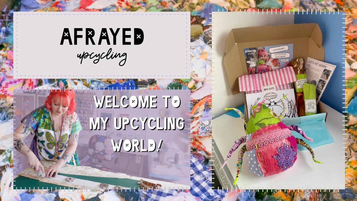 AFRAYED Upcycling's logo and work examples on top of a background of shredded textiles in many colours.