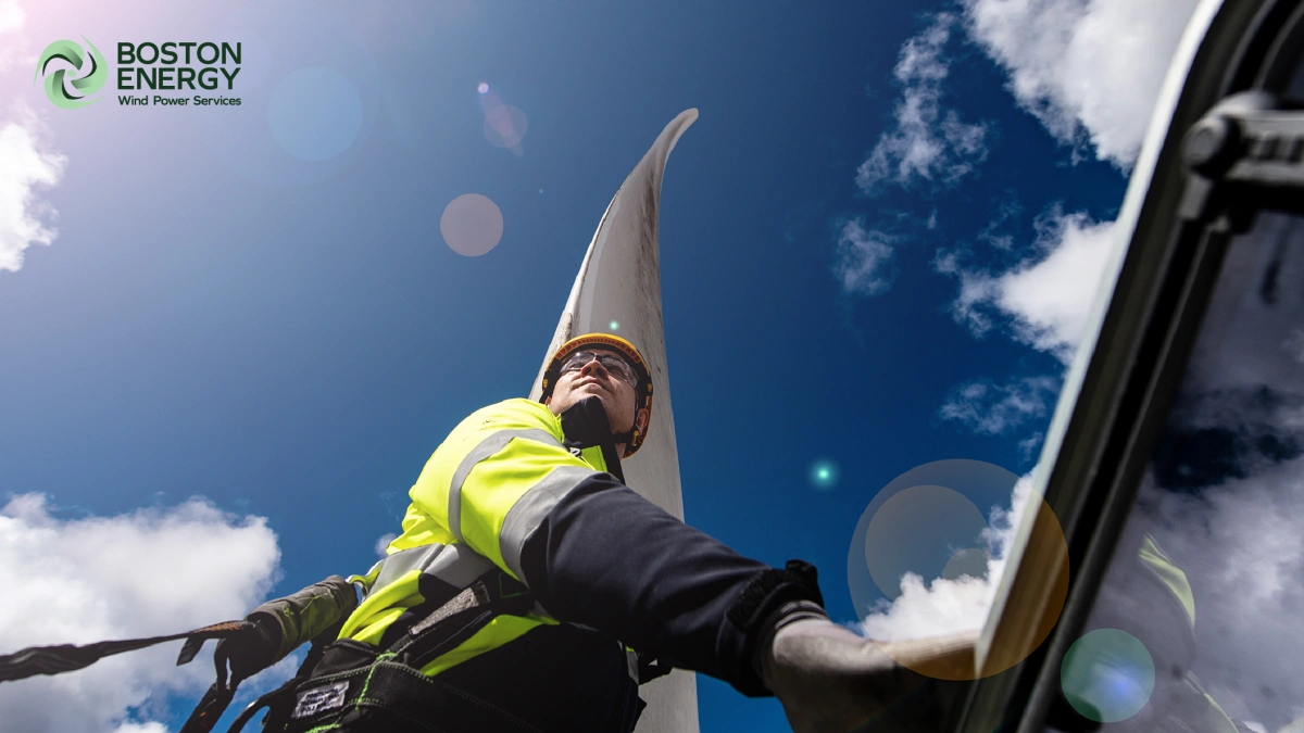 Man servicing wind turbine in hi-vis and PPE - copyright Boston Energy.