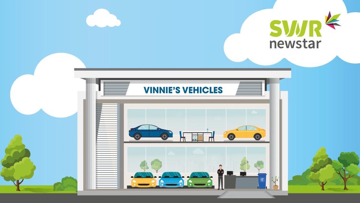 SWRnewstar logo above illustration of a car showroom called 'Vinnie's Vehicles'.