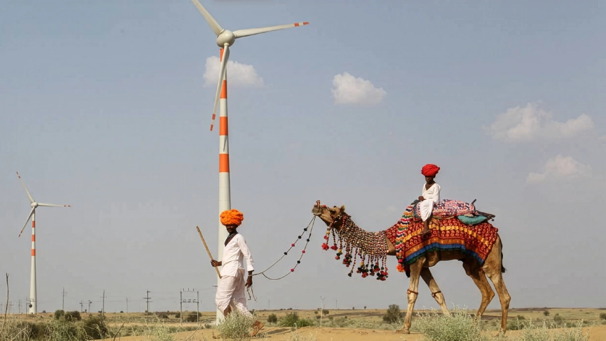 Two locals travelling through the West India Wind project site. One is sitting atop a highly decorated camel, with blankets and long colourful braids in its fur.