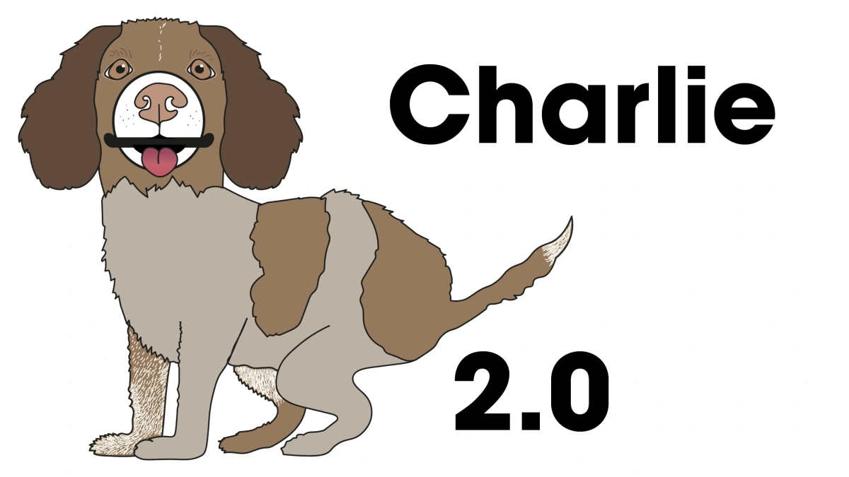 Illustration of Charlie 2.0, a shredding machine shaped like a Springer Spaniel dog.