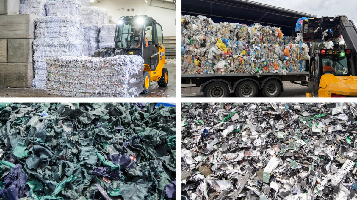 Four photographs showing large volumes of paper, plastic, textiles, and hard drives after processed for destruction.