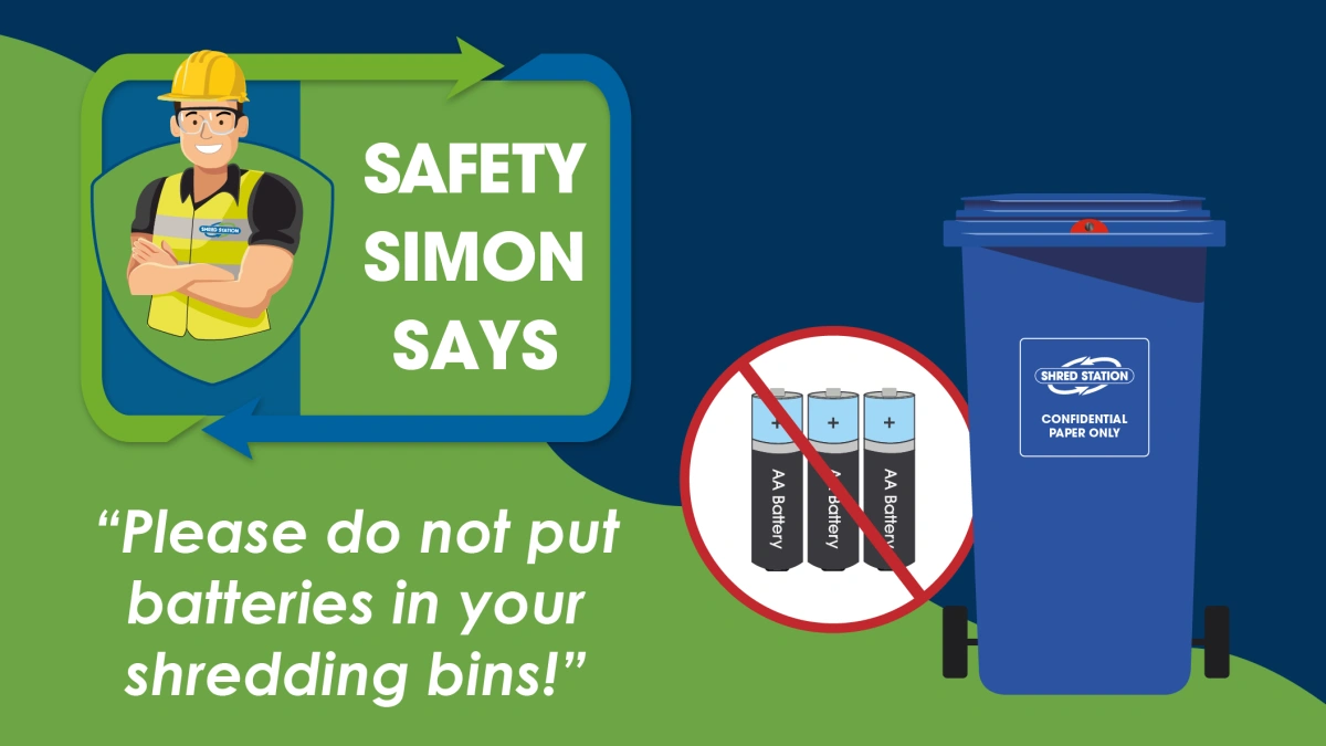 A banner showing an illustration of a confidential waste bin next to a row of batteries crossed out with a large red circle with a line through it. It reads 