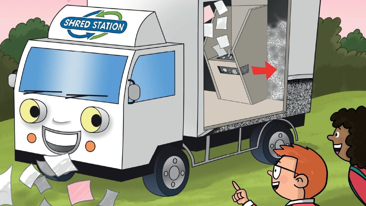An illustration of a shredding truck, with school children looking and pointing as he eats paperwork.