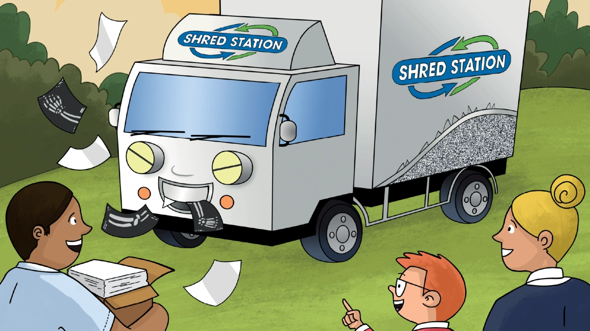 Illustration of a shredding truck eating X-rays and pieces of confidential paper.