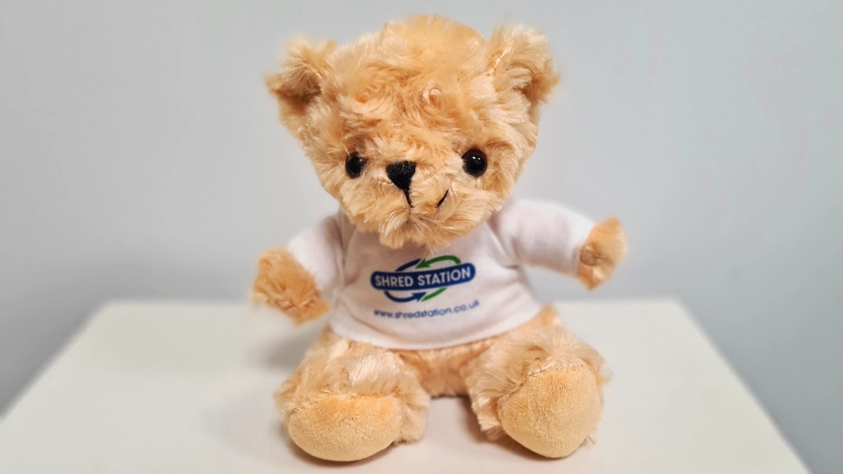 Fluffy blonde teddy bear with Shred Station branded t-shirt.