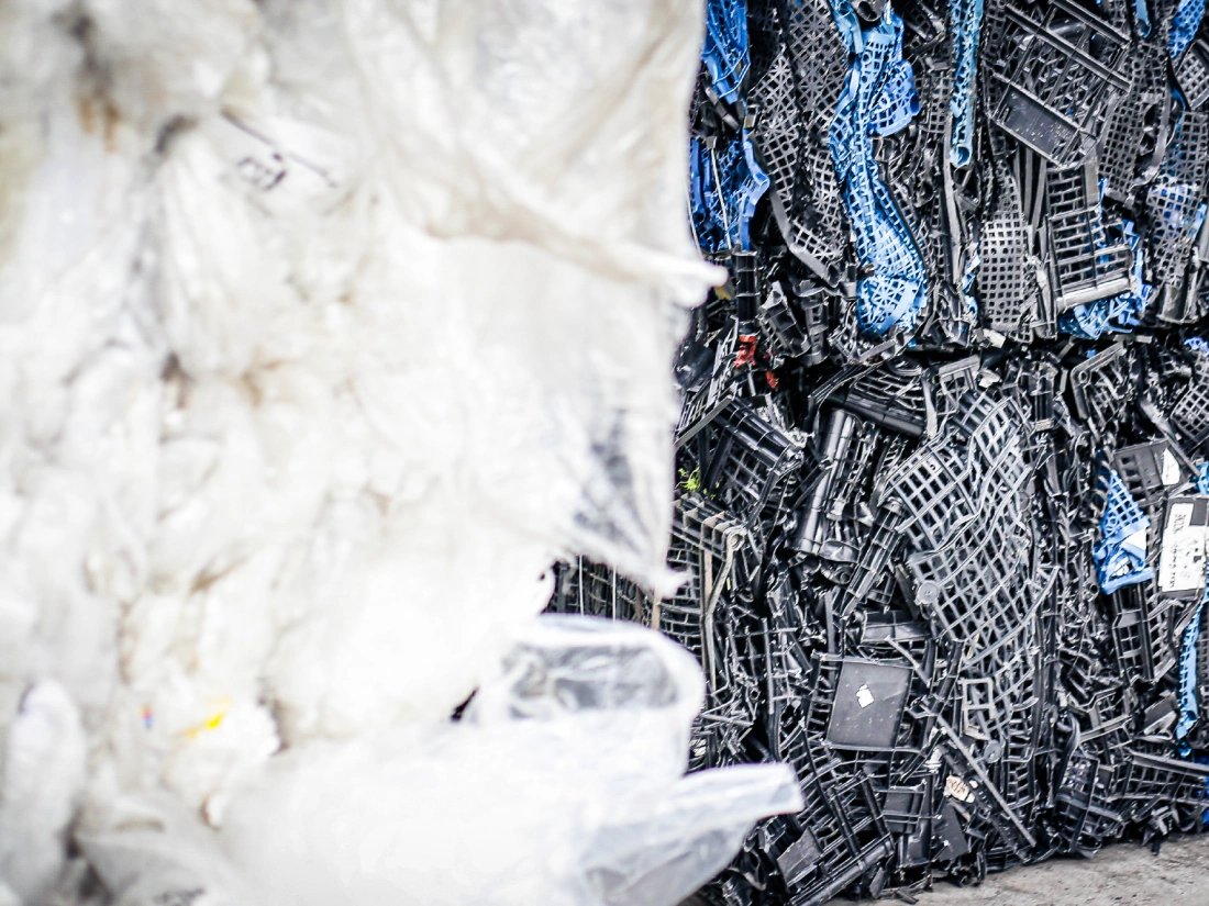 Baled soft and hard plastics, ready for recycling.