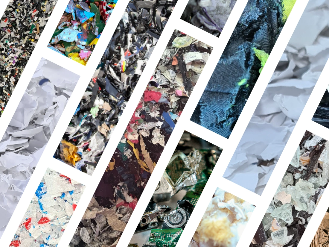 Photographs showing many different types of shredded materials, including paper, floppy disks, plastics, hard drive, textiles, and tapes.