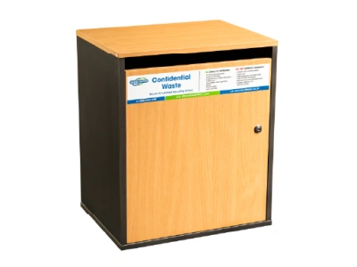 Junior confidential waste cabinet with lock and slot gap - beech in colour.