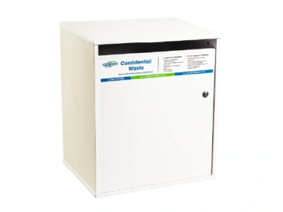 Junior confidential waste cabinet with lock and slot gap - white in colour.