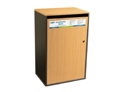 Large confidential waste cabinet with lock and slot gap - beech in colour.
