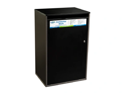 Large confidential waste cabinet with lock and slot gap - black in colour.