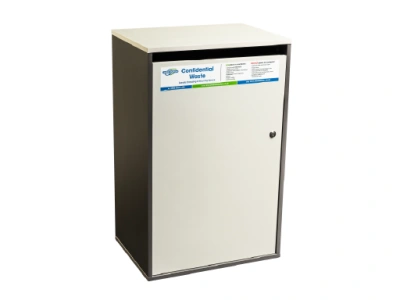 Large confidential waste cabinet with lock and slot gap - grey in colour.
