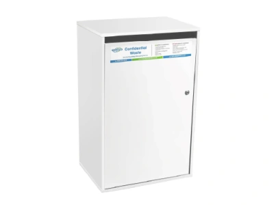 Large confidential waste cabinet with lock and slot gap - white in colour.