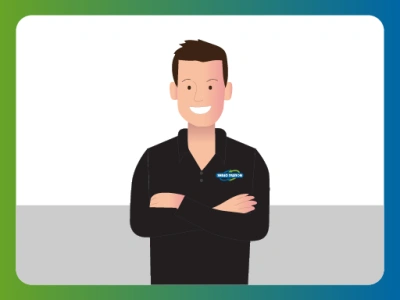 An illustration of a man in Shred Station uniform, smiling with his arms folded.