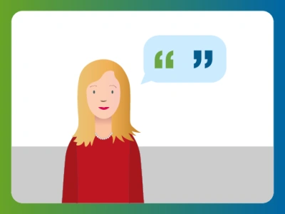 An illustration of a woman in a red shirt, with a speech bubble coming out from her head.