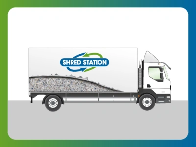 An illustration of a Shred Station branded truck.