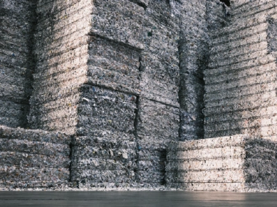 Stacked bales of shredded paperwork.