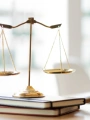 The scales of justice and gavel on a desk.