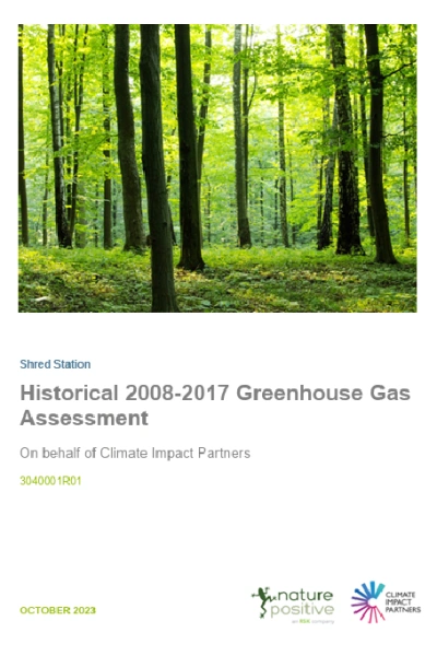 Front page cover preview of Shred Station's 2008-2017 Greenhouse Gas Assessment.