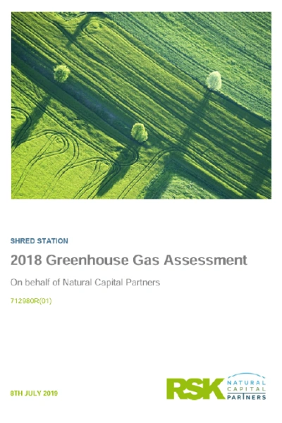 Front page cover preview of Shred Station's 2018 Greenhouse Gas Assessment.