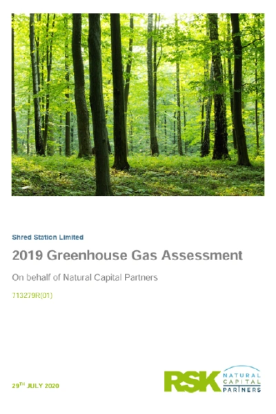 Front page cover preview of Shred Station's 2019 Greenhouse Gas Assessment.