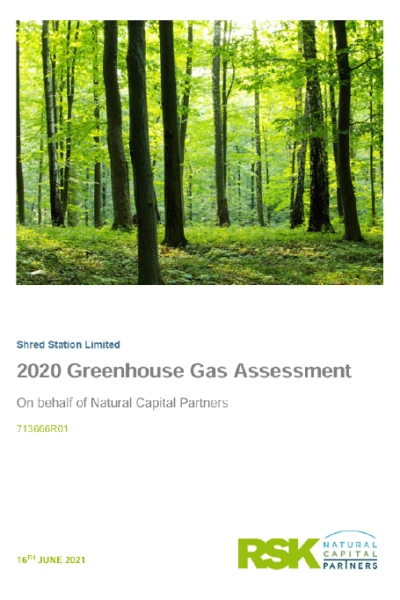 Front page cover preview of Shred Station's 2020 Greenhouse Gas Assessment.
