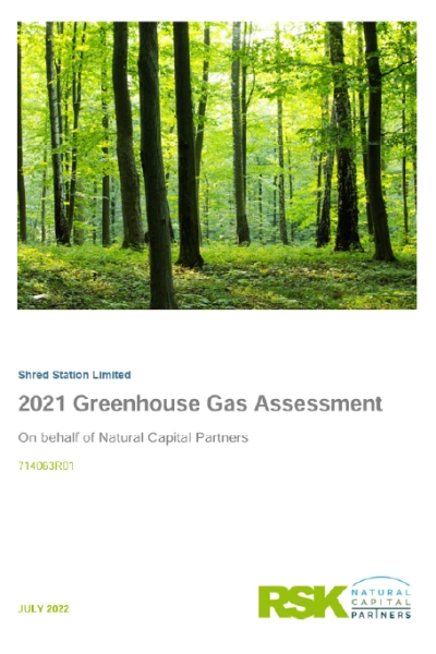 Front page cover preview of Shred Station's 2021 Greenhouse Gas Assessment.