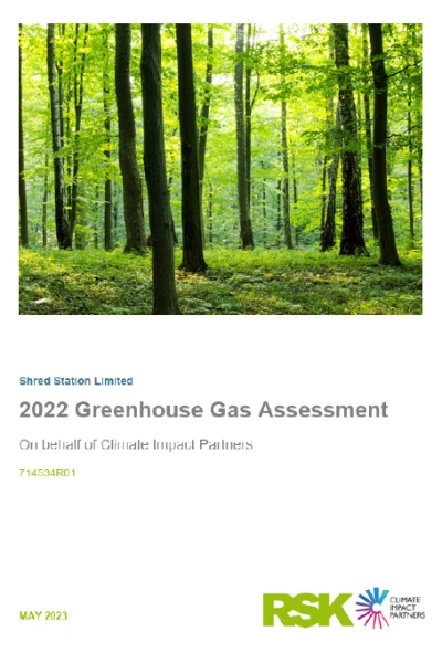 Front page cover preview of Shred Station's 2022 Greenhouse Gas Assessment.