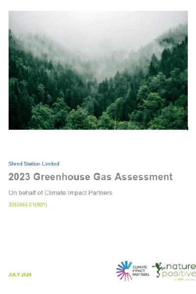 Front page cover preview of Shred Station's 2023 Greenhouse Gas Assessment.