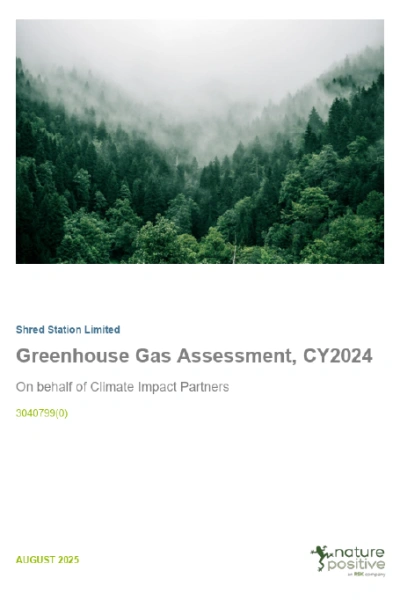 Front page cover preview of Shred Station's 2024 Greenhouse Gas Assessment.