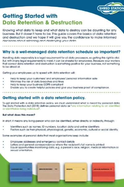 Front page cover preview of Shred Station's 'Getting Started with Data Retention and Destruction' guide.