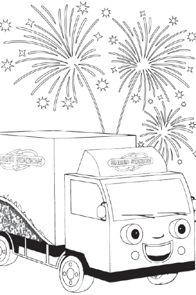 Simon Shred - Fireworks colouring sheet preview.