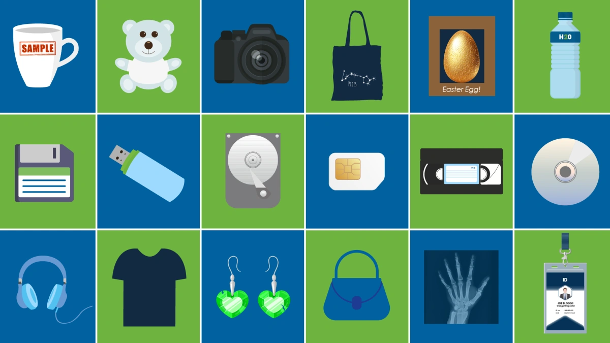 An illustration in grid format showing the types of products that can be destroyed. It includes merchandise, electronics, textiles, jewellery, X-rays, plastic bottles, electronics, data storage devices, and more.