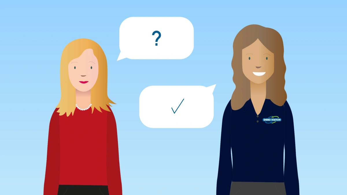 Illustration of woman asking shredding operative a question.