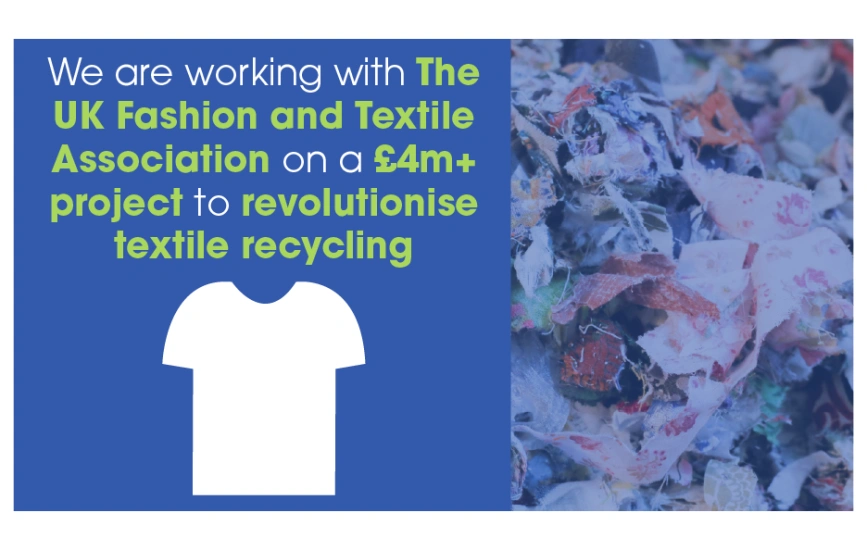 A pile of textiles next to the words 