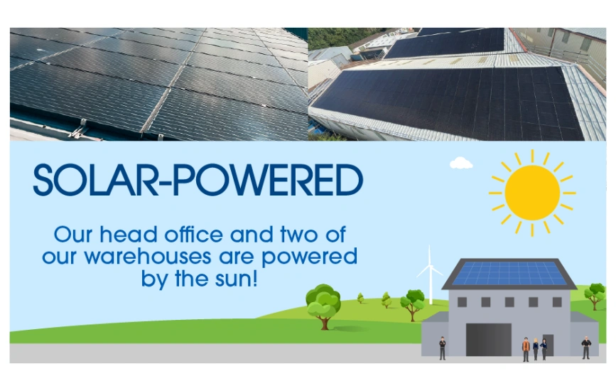 Photographs of large solar arrays on top of Shred Station's buildings, above text which reads - 