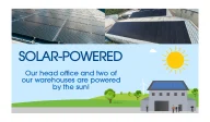 Photographs of large solar arrays on top of Shred Station's buildings, above text which reads - 