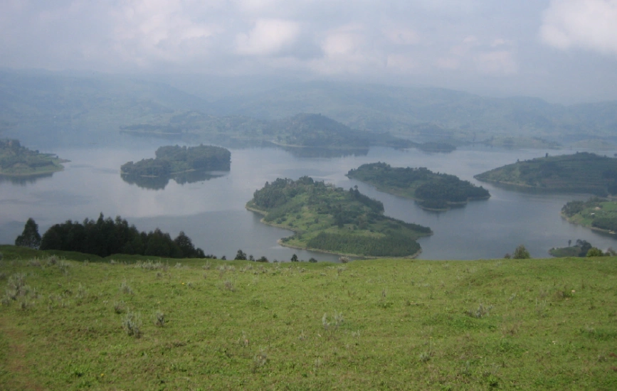 Collection of islands in Uganda, all covered in trees and grassland.