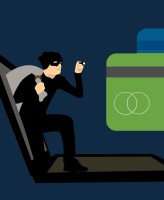 Cartoon image of burglar coming out of laptop screen on the lookout for bank cards