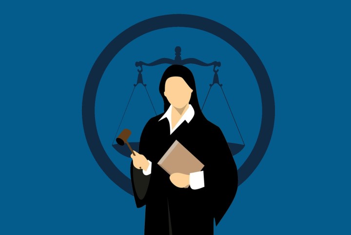 Cartoon image of judge with a gavel, standing in front of the scales of justice.