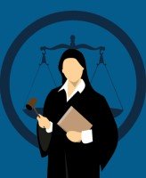 Cartoon image of judge, standing in front of the scales of justice