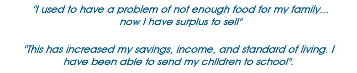 An image of quotation text, stating "I used to have a problem of not enough food for my family... now I have surplus to sell. This has increased my savings, income and standard of living. I have been able to send my children to school".