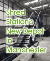 Image of paper baler with overlay of text saying "Shred Station's New Depot in Manchester"
