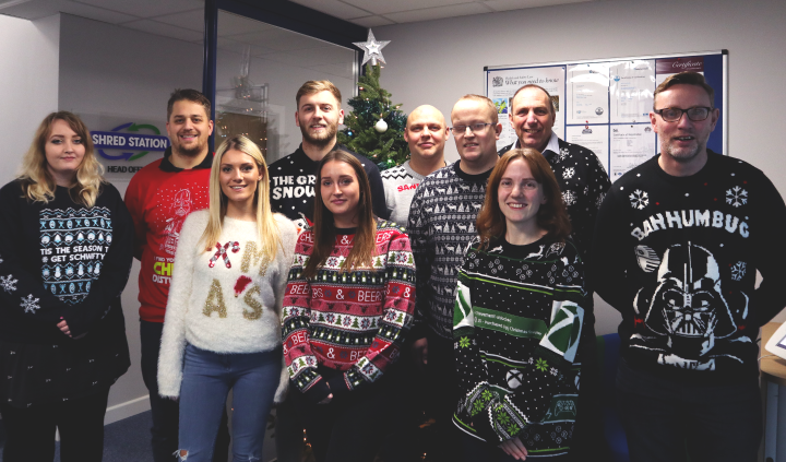 Shred Station staff take part in Christmas Jumper Day 2019 in aid of Break Charity,