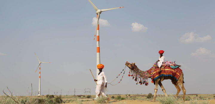 Image of camel being talked in front of a wind turbine in India