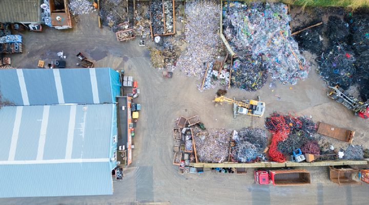 drone photograph showing top-down view of recycling yard
