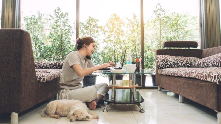 remote worker sitting on the floor with a dog and her laptop on the coffee table