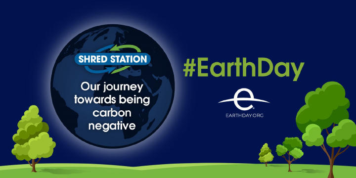 Image showing a planet earth, promoting earth day and Shred Station's journey towards being carbon negative.