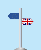 Image of UK and EU flags on a signpost in opposite directions to represent Brexit.